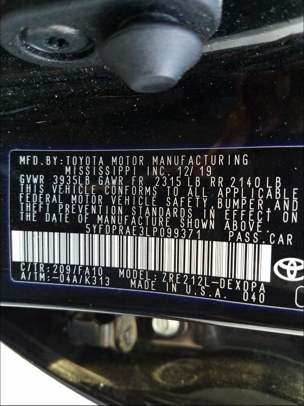 Photo 9 VIN: 5YFDPRAE3LP099371 - TOYOTA COROLLA L 