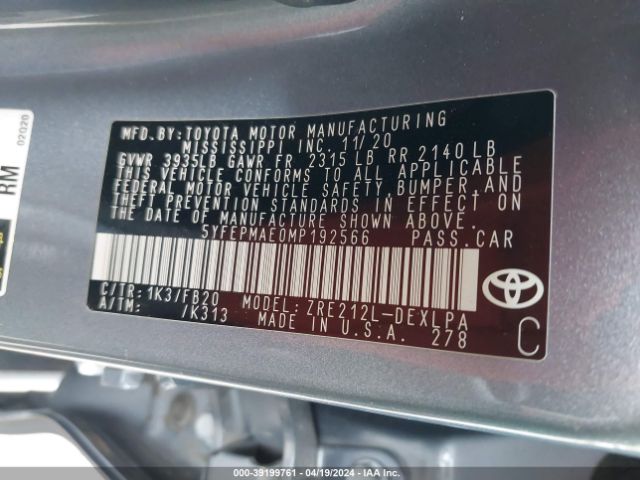 Photo 8 VIN: 5YFEPMAE0MP192566 - TOYOTA COROLLA 