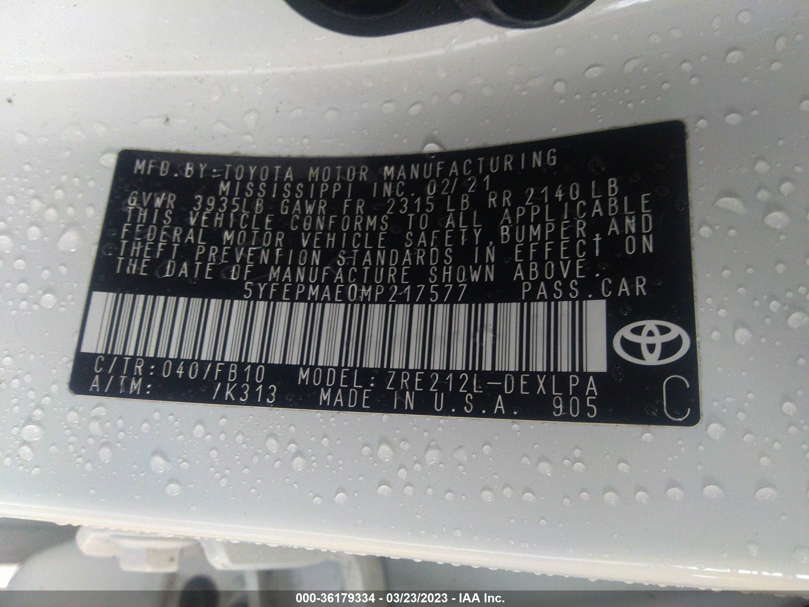 Photo 8 VIN: 5YFEPMAE0MP217577 - TOYOTA COROLLA 