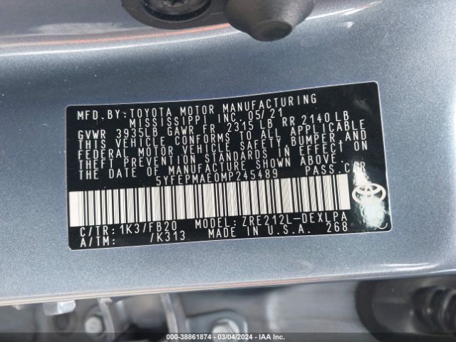 Photo 8 VIN: 5YFEPMAE0MP245489 - TOYOTA COROLLA 