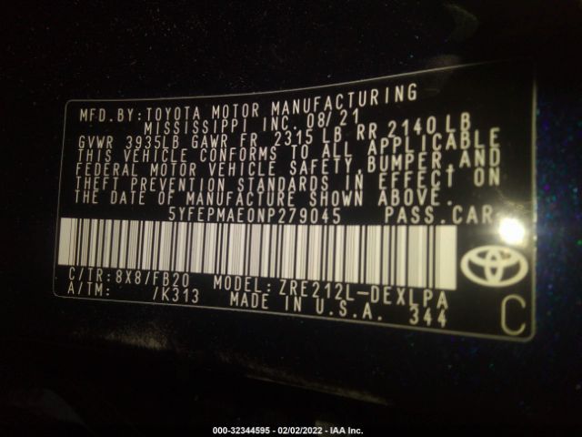 Photo 8 VIN: 5YFEPMAE0NP279045 - TOYOTA COROLLA 