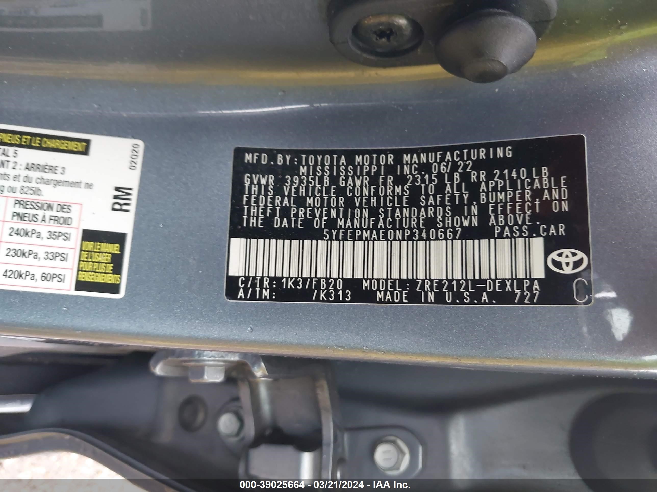 Photo 8 VIN: 5YFEPMAE0NP340667 - TOYOTA COROLLA 