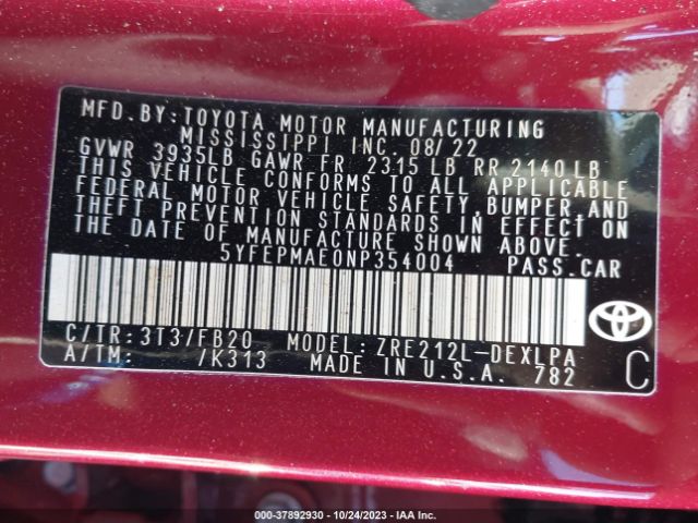 Photo 8 VIN: 5YFEPMAE0NP354004 - TOYOTA COROLLA 