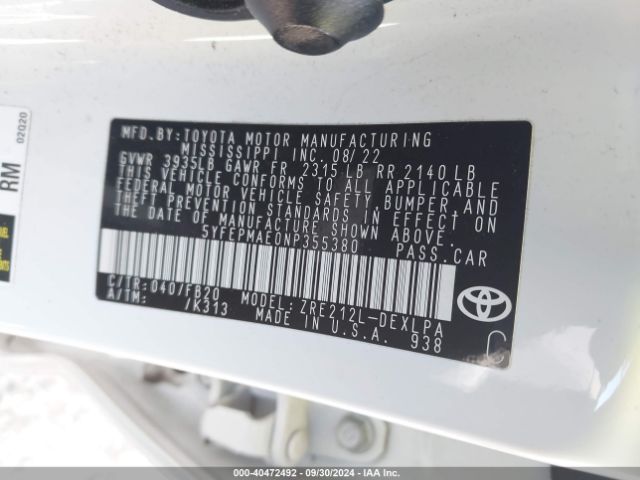 Photo 8 VIN: 5YFEPMAE0NP355380 - TOYOTA COROLLA 