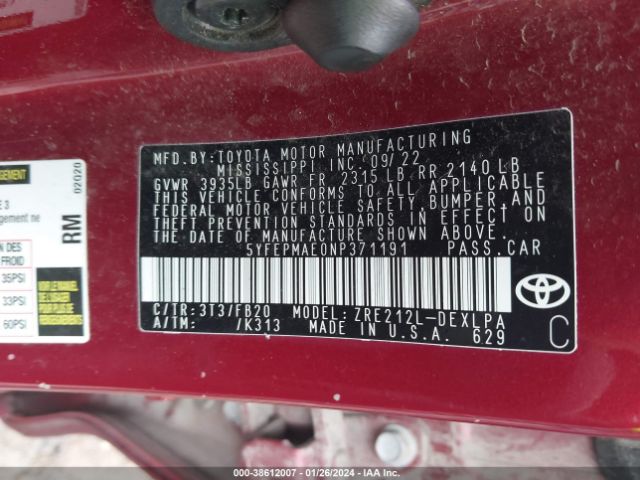 Photo 8 VIN: 5YFEPMAE0NP371191 - TOYOTA COROLLA 