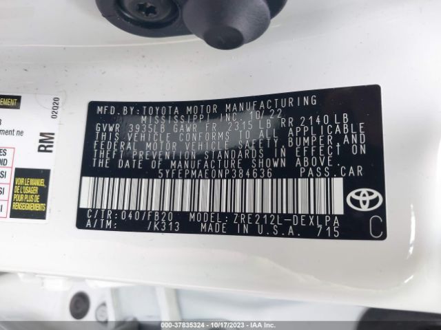 Photo 8 VIN: 5YFEPMAE0NP384636 - TOYOTA COROLLA 