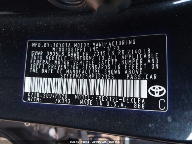 Photo 8 VIN: 5YFEPMAE1MP192155 - TOYOTA COROLLA 