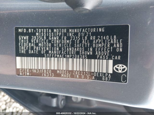 Photo 8 VIN: 5YFEPMAE1MP208385 - TOYOTA COROLLA 