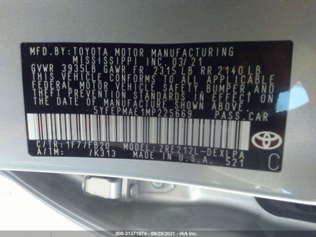 Photo 8 VIN: 5YFEPMAE1MP225669 - TOYOTA COROLLA 