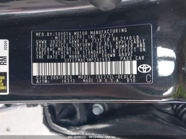 Photo 8 VIN: 5YFEPMAE1MP247493 - TOYOTA COROLLA 