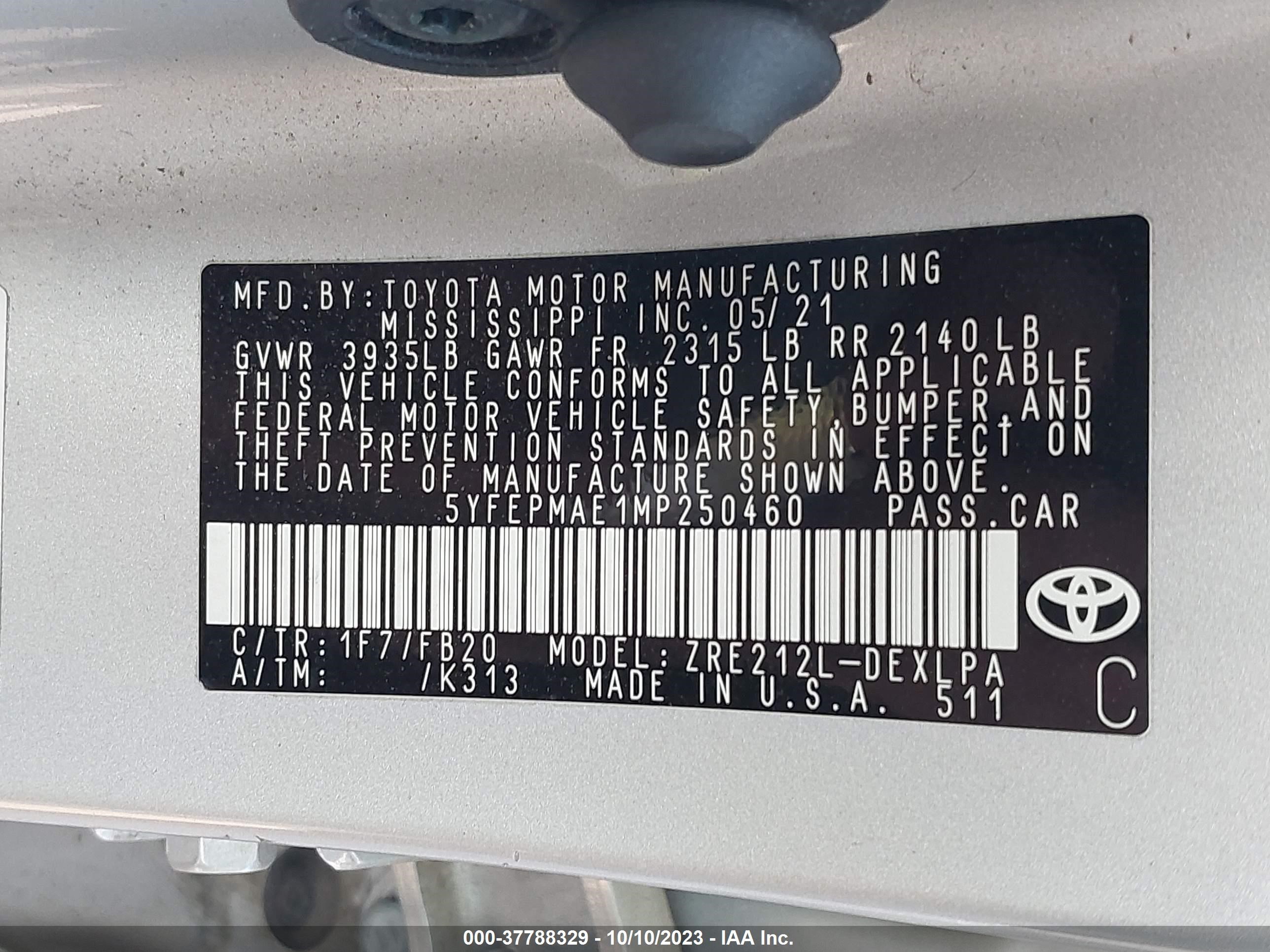 Photo 8 VIN: 5YFEPMAE1MP250460 - TOYOTA COROLLA 