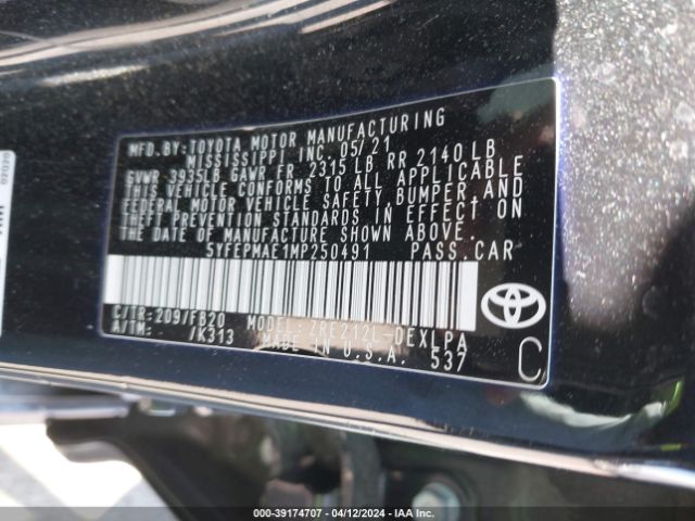 Photo 8 VIN: 5YFEPMAE1MP250491 - TOYOTA COROLLA 