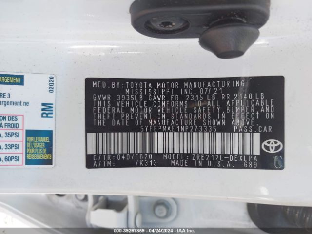 Photo 8 VIN: 5YFEPMAE1NP273335 - TOYOTA COROLLA 