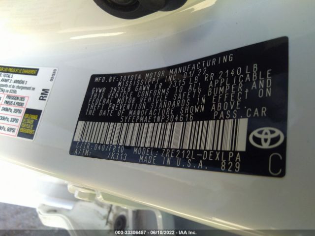 Photo 8 VIN: 5YFEPMAE1NP304616 - TOYOTA COROLLA 