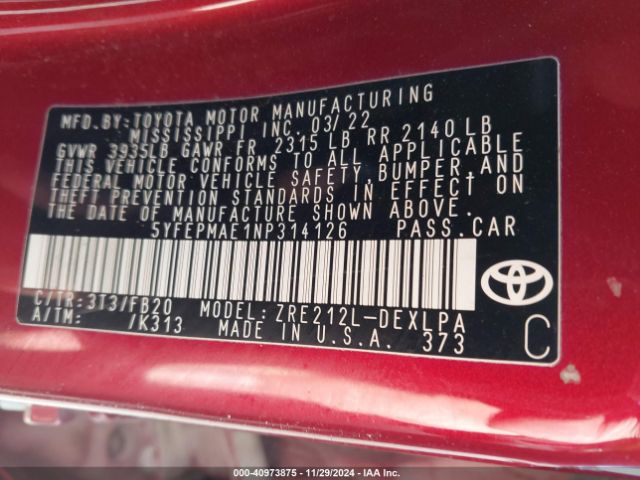 Photo 8 VIN: 5YFEPMAE1NP314126 - TOYOTA COROLLA 