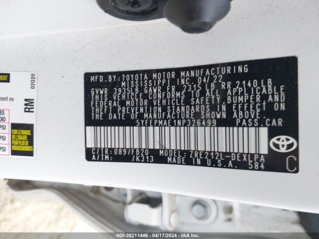 Photo 8 VIN: 5YFEPMAE1NP326499 - TOYOTA COROLLA 