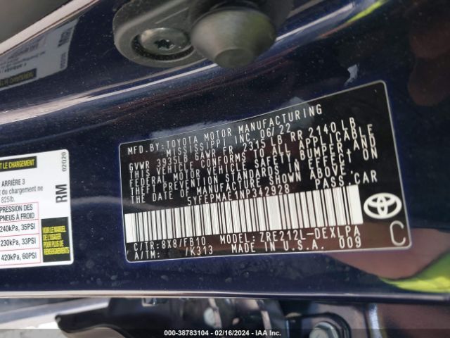 Photo 8 VIN: 5YFEPMAE1NP342928 - TOYOTA COROLLA 