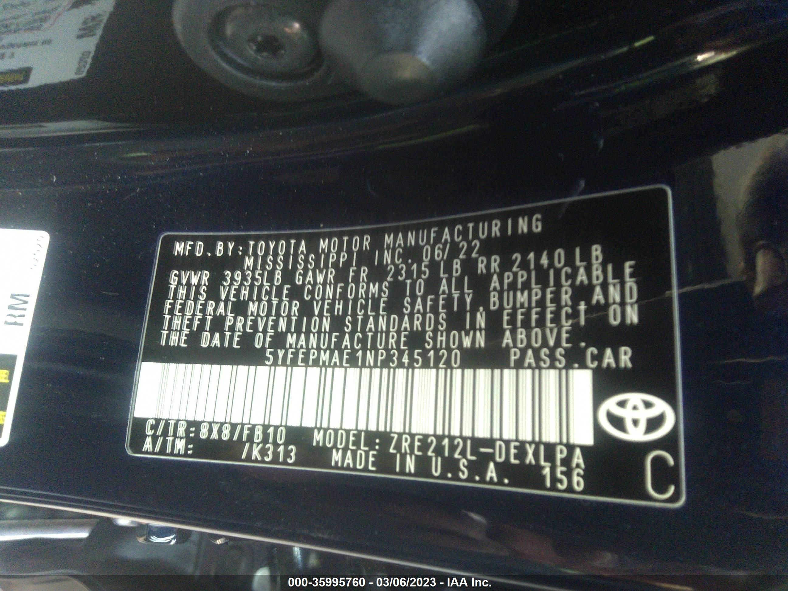 Photo 8 VIN: 5YFEPMAE1NP345120 - TOYOTA COROLLA 