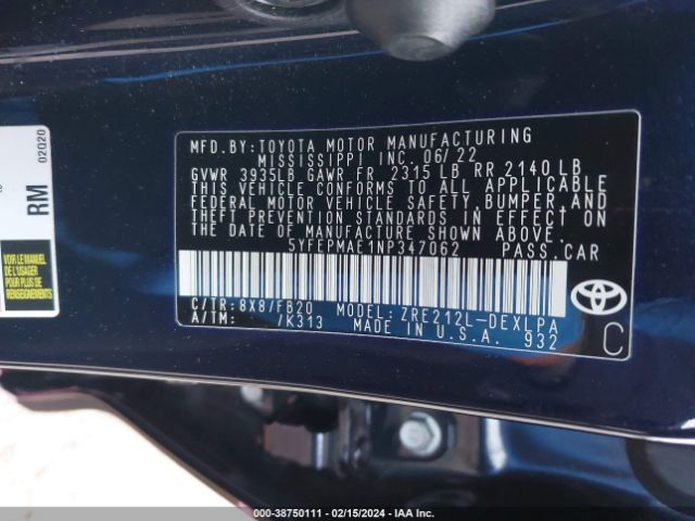 Photo 8 VIN: 5YFEPMAE1NP347062 - TOYOTA COROLLA 