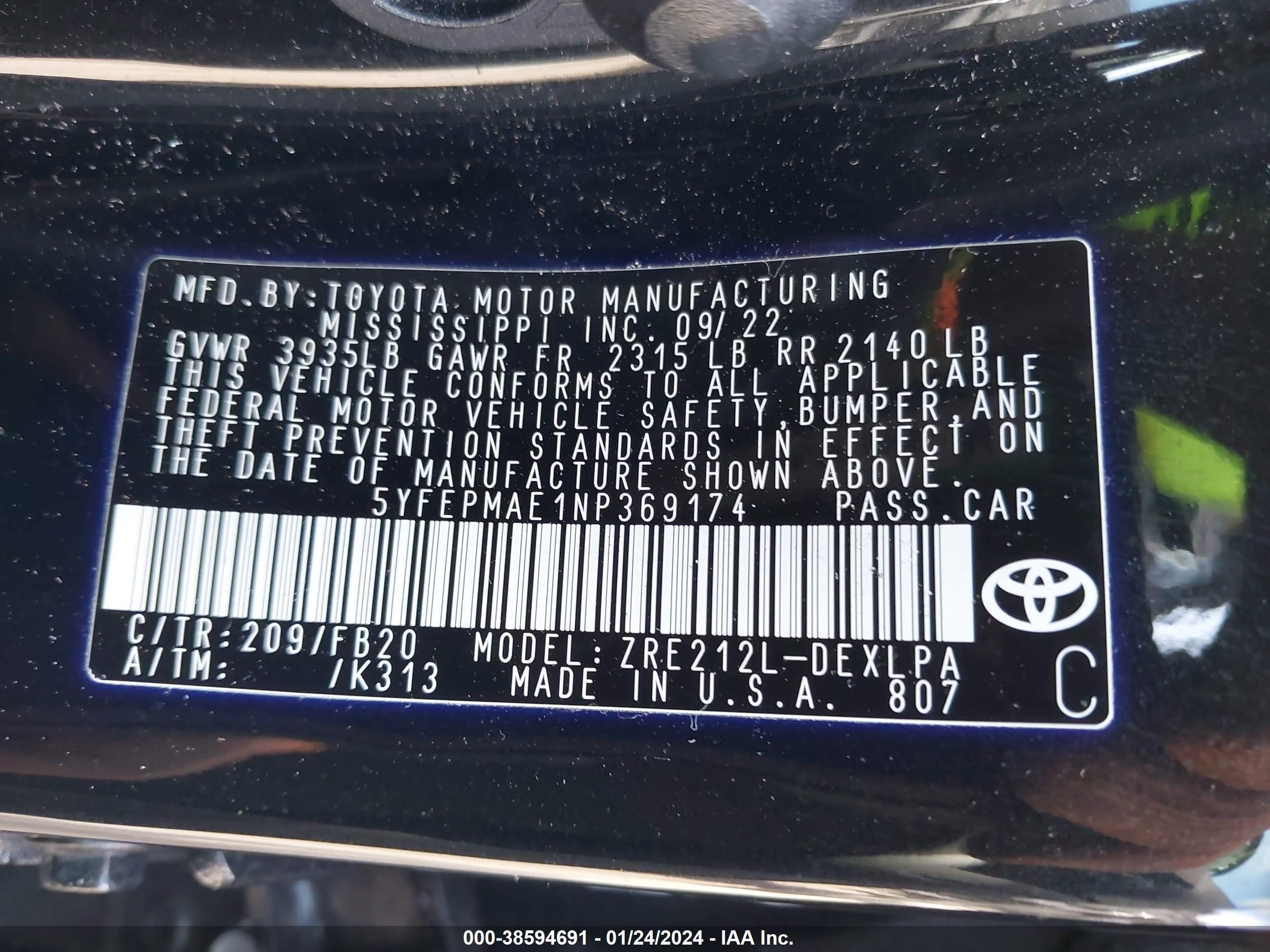 Photo 8 VIN: 5YFEPMAE1NP369174 - TOYOTA COROLLA 