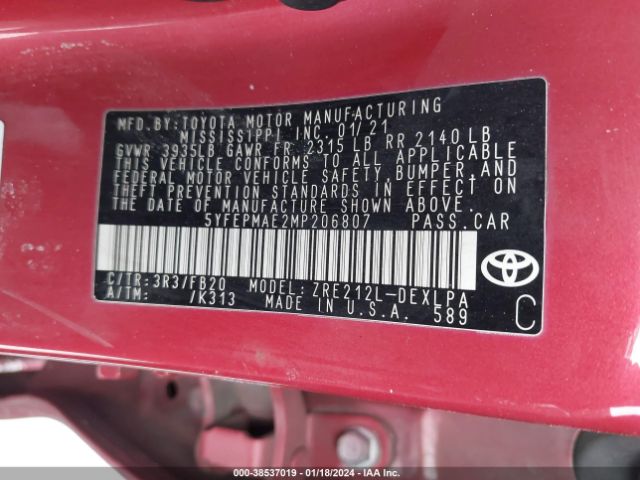 Photo 8 VIN: 5YFEPMAE2MP206807 - TOYOTA COROLLA 