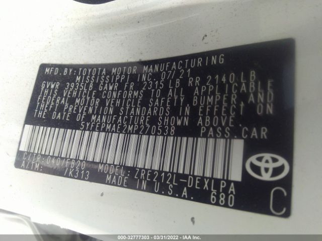 Photo 8 VIN: 5YFEPMAE2MP270538 - TOYOTA COROLLA 