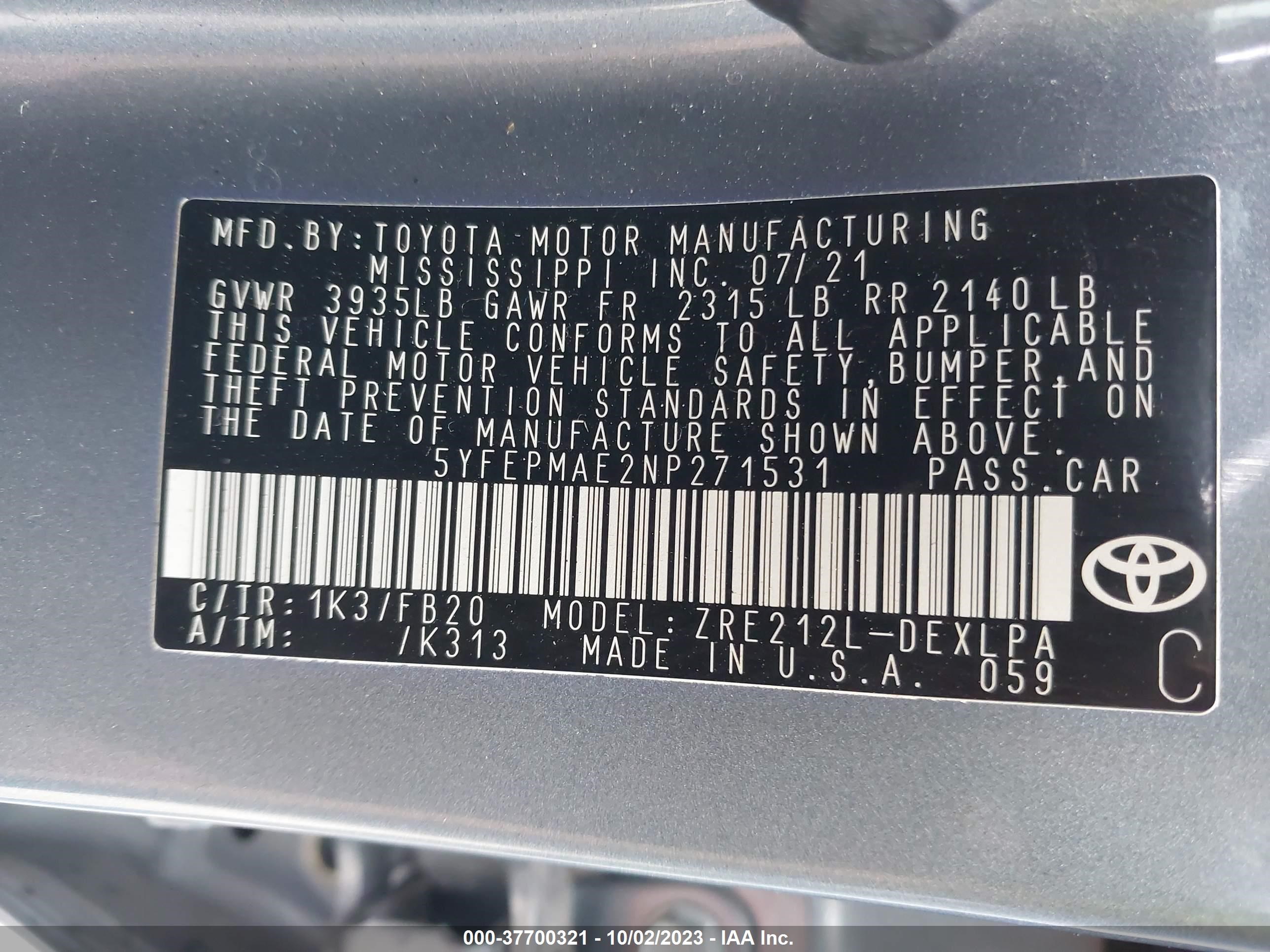 Photo 8 VIN: 5YFEPMAE2NP271531 - TOYOTA COROLLA 