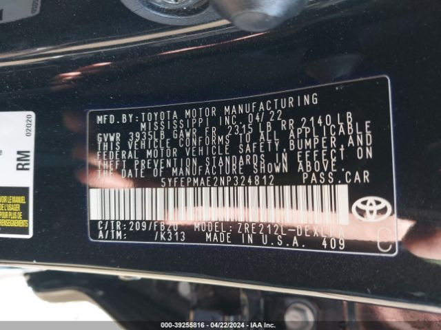 Photo 8 VIN: 5YFEPMAE2NP324812 - TOYOTA COROLLA 