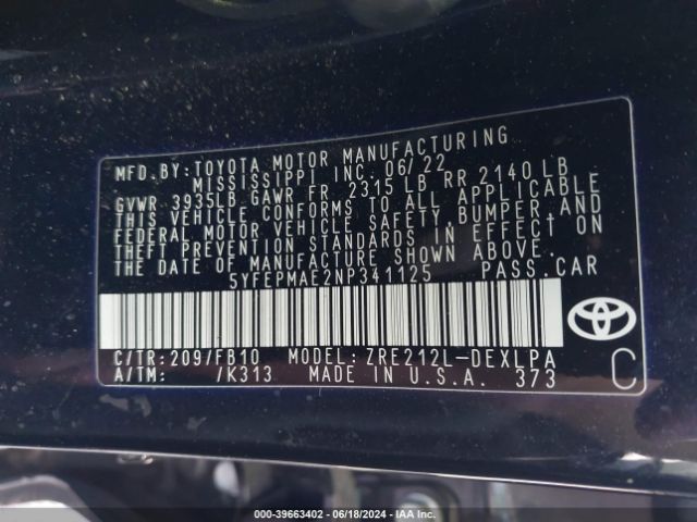 Photo 8 VIN: 5YFEPMAE2NP341125 - TOYOTA COROLLA 