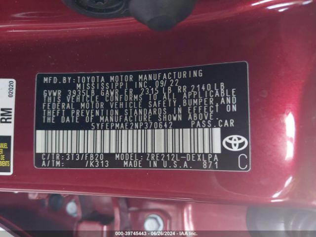 Photo 8 VIN: 5YFEPMAE2NP370642 - TOYOTA COROLLA 