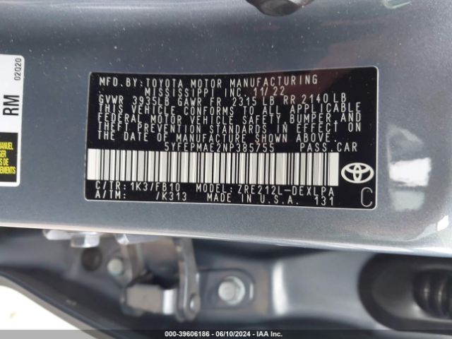 Photo 8 VIN: 5YFEPMAE2NP385755 - TOYOTA COROLLA 