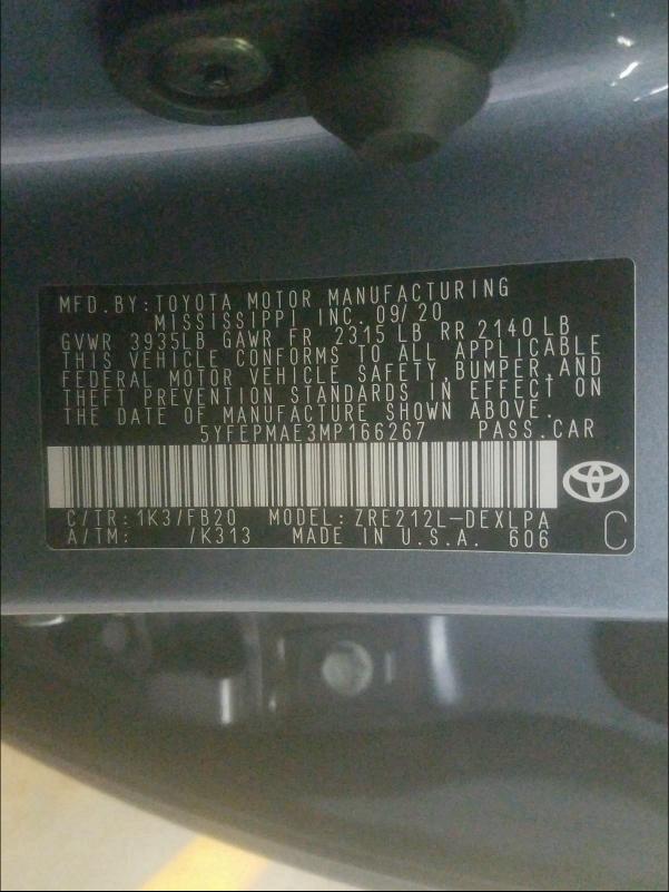 Photo 9 VIN: 5YFEPMAE3MP166267 - TOYOTA COROLLA LE 