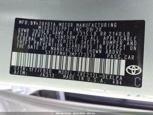 Photo 8 VIN: 5YFEPMAE3MP173039 - TOYOTA COROLLA 