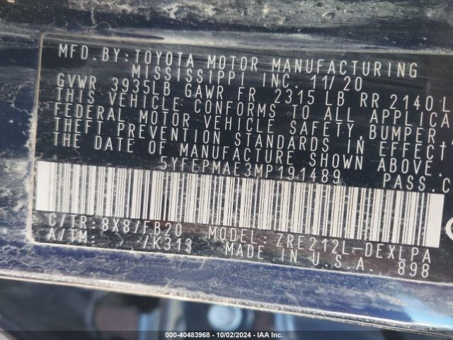 Photo 8 VIN: 5YFEPMAE3MP191489 - TOYOTA COROLLA 