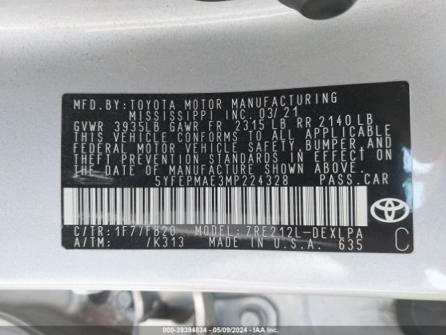 Photo 8 VIN: 5YFEPMAE3MP224328 - TOYOTA COROLLA 