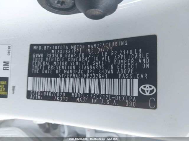 Photo 8 VIN: 5YFEPMAE3MP232641 - TOYOTA COROLLA 