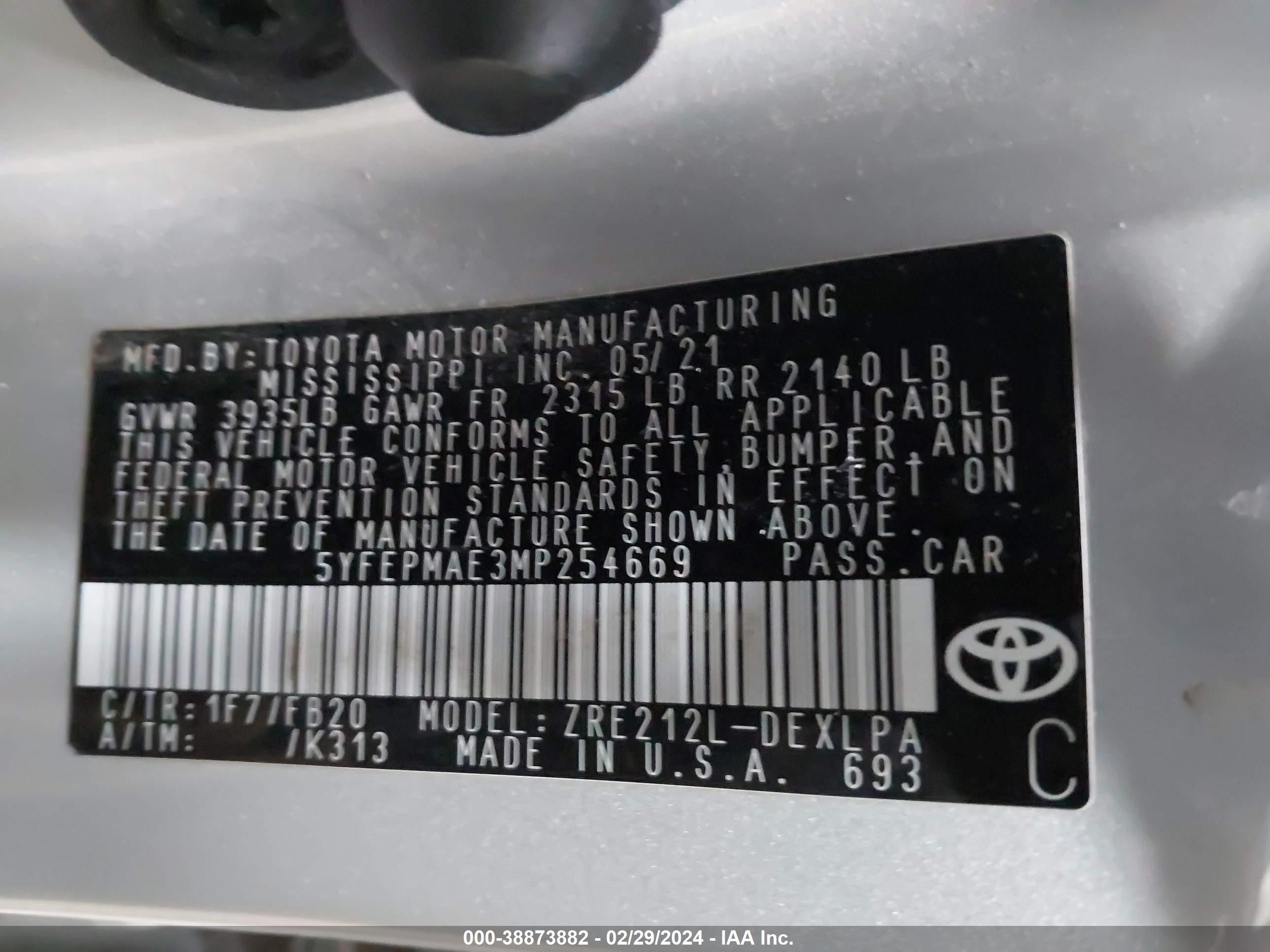 Photo 8 VIN: 5YFEPMAE3MP254669 - TOYOTA COROLLA 