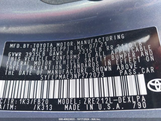 Photo 8 VIN: 5YFEPMAE3NP272073 - TOYOTA COROLLA 