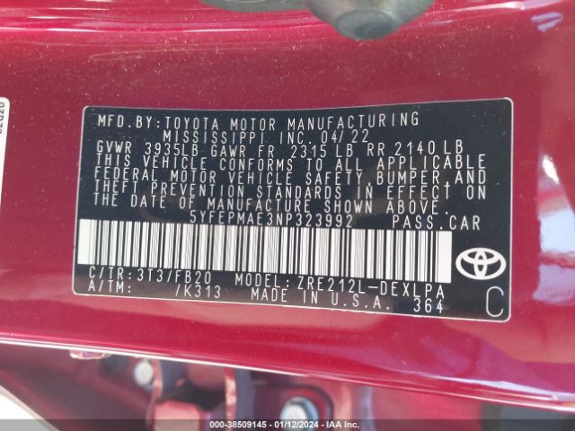 Photo 8 VIN: 5YFEPMAE3NP323992 - TOYOTA COROLLA 