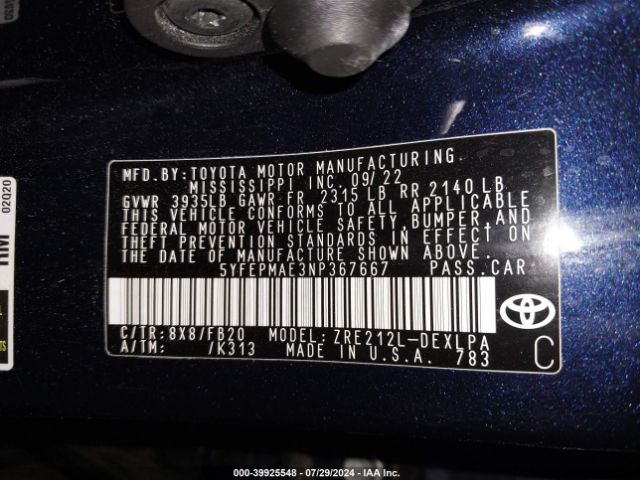 Photo 8 VIN: 5YFEPMAE3NP367667 - TOYOTA COROLLA 