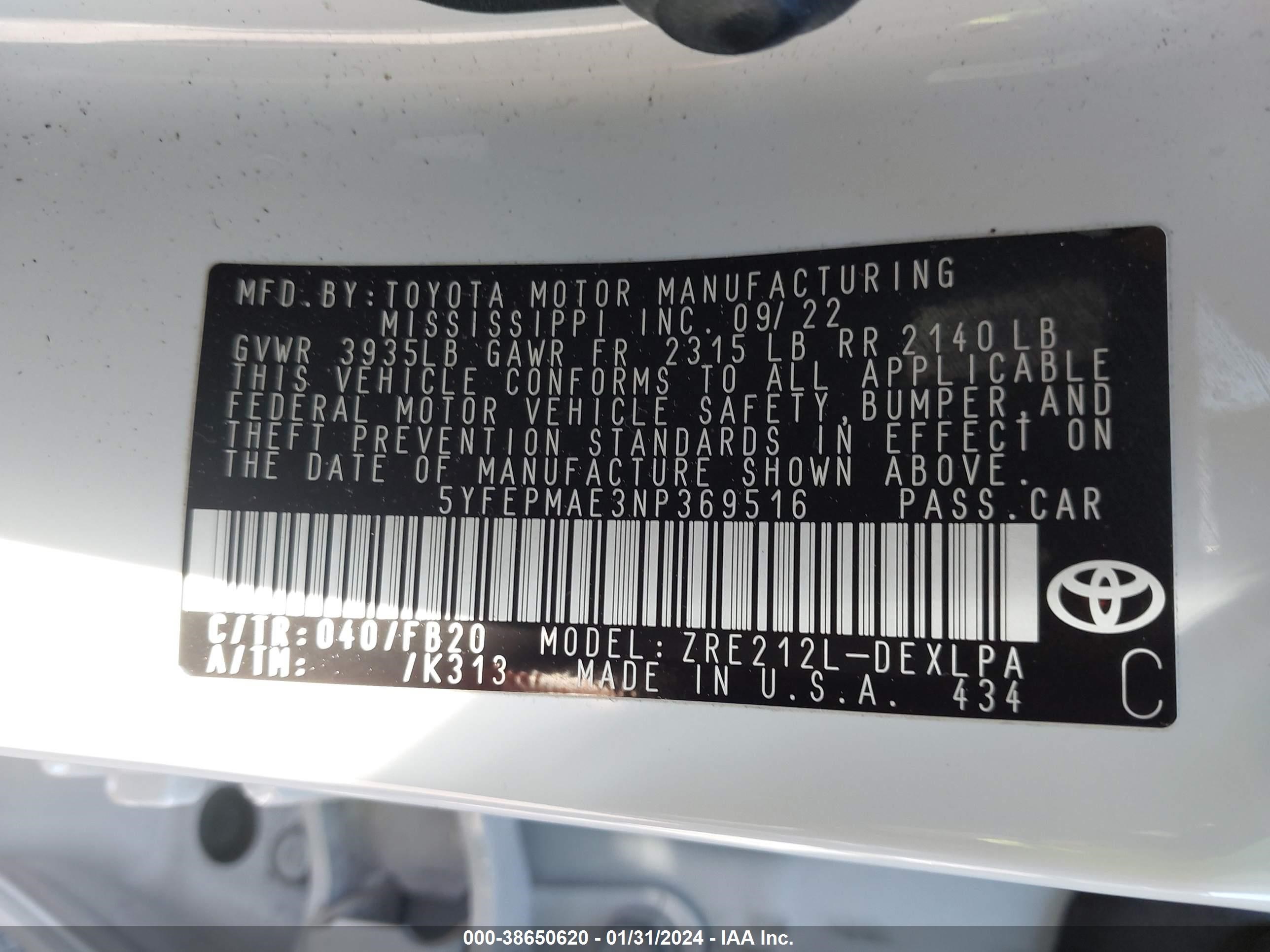 Photo 8 VIN: 5YFEPMAE3NP369516 - TOYOTA COROLLA 