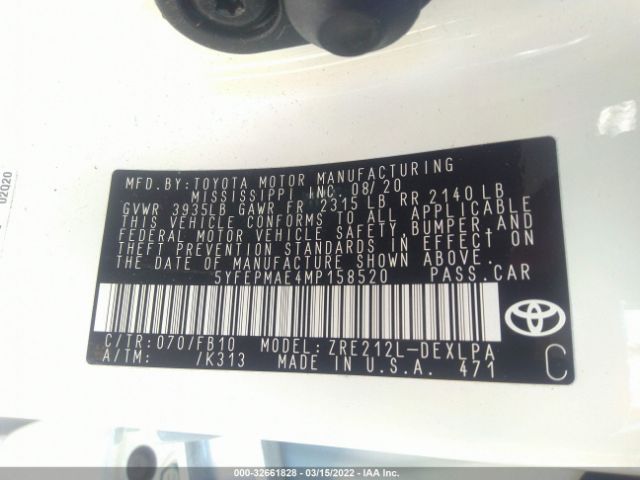 Photo 8 VIN: 5YFEPMAE4MP158520 - TOYOTA COROLLA 