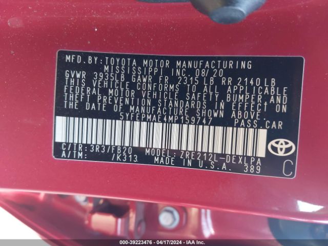 Photo 8 VIN: 5YFEPMAE4MP159747 - TOYOTA COROLLA 