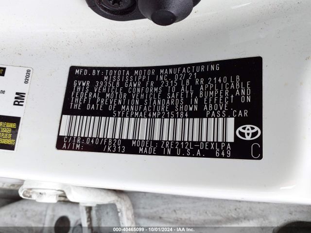 Photo 8 VIN: 5YFEPMAE4MP215184 - TOYOTA COROLLA 