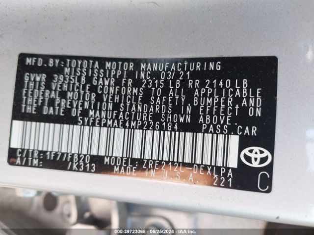 Photo 8 VIN: 5YFEPMAE4MP226184 - TOYOTA COROLLA 