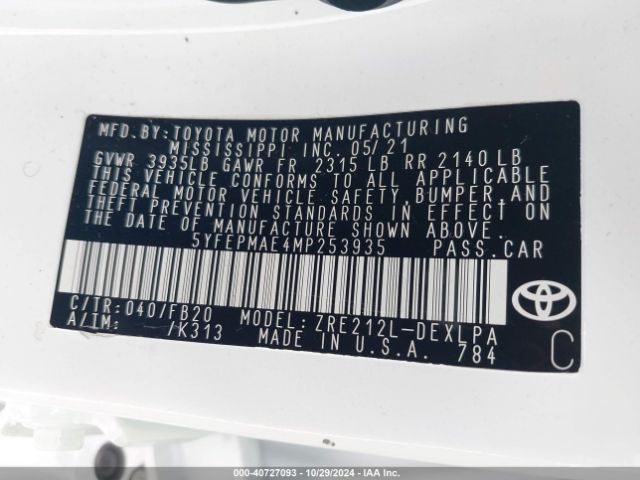 Photo 8 VIN: 5YFEPMAE4MP253935 - TOYOTA COROLLA 