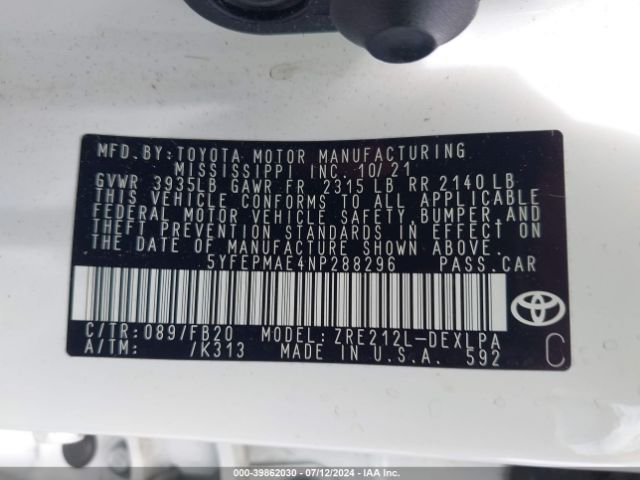 Photo 8 VIN: 5YFEPMAE4NP288296 - TOYOTA COROLLA 