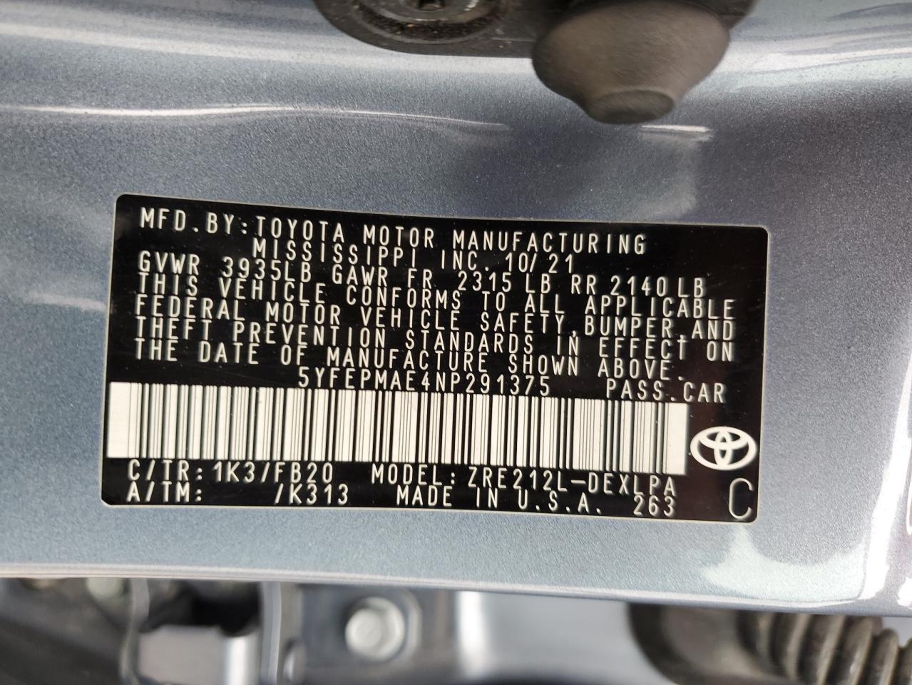 Photo 11 VIN: 5YFEPMAE4NP291375 - TOYOTA COROLLA 