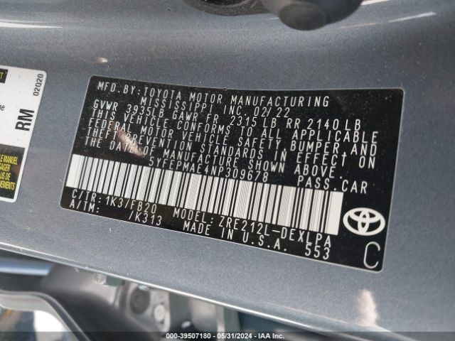 Photo 8 VIN: 5YFEPMAE4NP309678 - TOYOTA COROLLA 