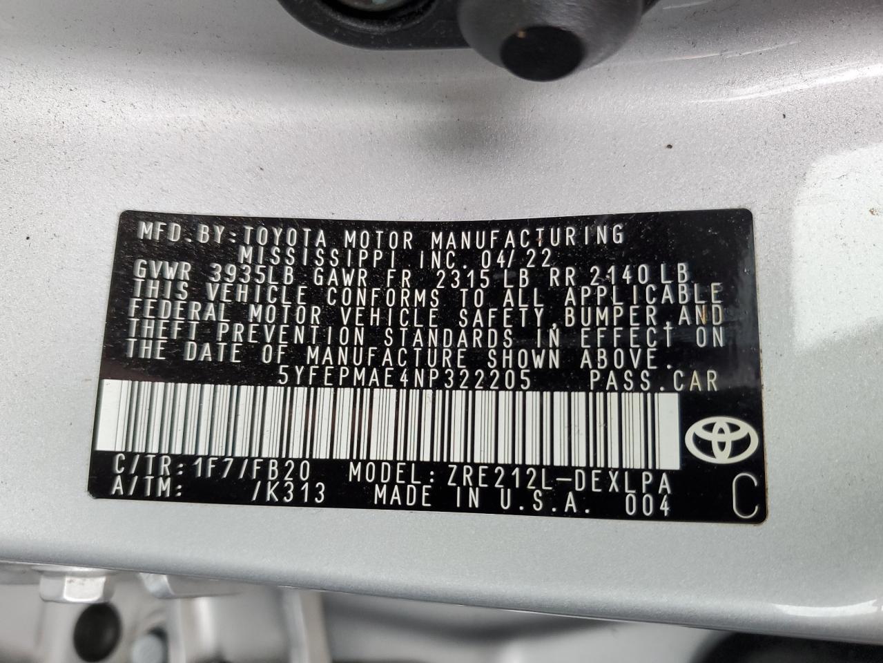 Photo 11 VIN: 5YFEPMAE4NP322205 - TOYOTA COROLLA 